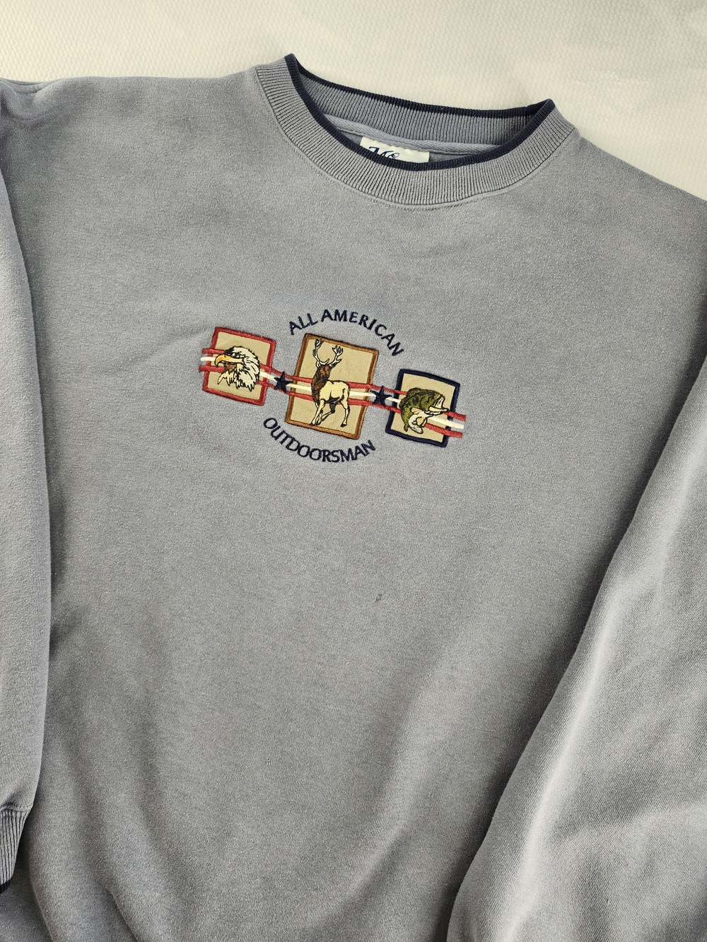 VTG All American Outdoorsman Sweatshirt Mens L Blue Hunting Crewneck Pullover